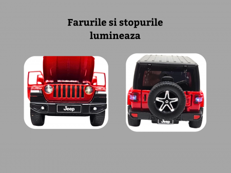 Masina metalica Jeep Rubicon, Sunete realistice, Farurile si stopurile lumineaza, Usile, capota si portbagajul se deschid, Baterii incluse, 15cm, Rosu, Scara 1:32, Replica [2]
