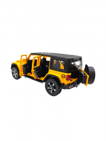Masina metalica Jeep Rubicon, Sunete realistice, Farurile si stopurile lumineaza, Usile, capota si portbagajul se deschid, Baterii incluse, 15cm, Galben, Scara 1:32, Replica [5]