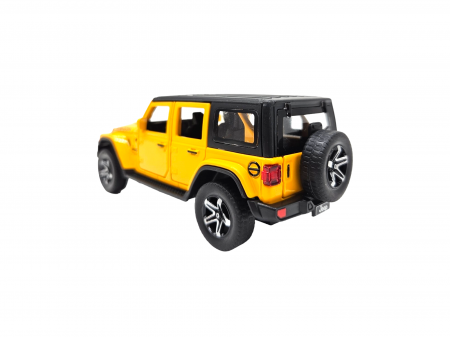 Masina metalica Jeep Rubicon, Sunete realistice, Farurile si stopurile lumineaza, Usile, capota si portbagajul se deschid, Baterii incluse, 15cm, Galben, Scara 1:32, Replica [6]