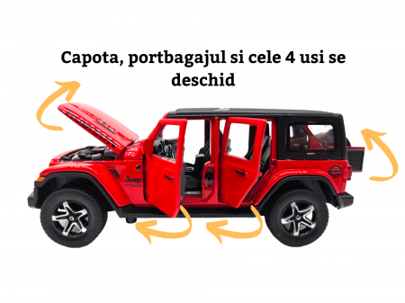 Masina metalica Jeep Rubicon, Sunete realistice, Farurile si stopurile lumineaza, Usile, capota si portbagajul se deschid, Baterii incluse, 15cm, Rosu, Scara 1:32, Replica [3]
