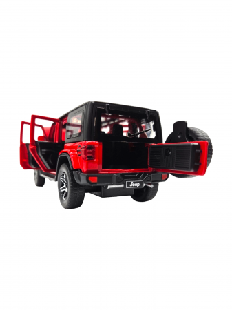 Masina metalica Jeep Rubicon, Sunete realistice, Farurile si stopurile lumineaza, Usile, capota si portbagajul se deschid, Baterii incluse, 15cm, Rosu, Scara 1:32, Replica [5]