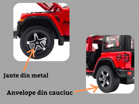 Masina metalica Jeep Rubicon, Sunete realistice, Farurile si stopurile lumineaza, Usile, capota si portbagajul se deschid, Baterii incluse, 15cm, Rosu, Scara 1:32, Replica [4]