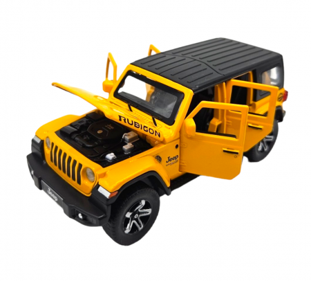 Masini metal 15-16cm - Masina metalica Jeep Rubicon, Sunete realistice, Farurile si stopurile lumineaza, Usile, capota si portbagajul se deschid, Baterii incluse, 15cm, Galben, Scara 1:32, Replica