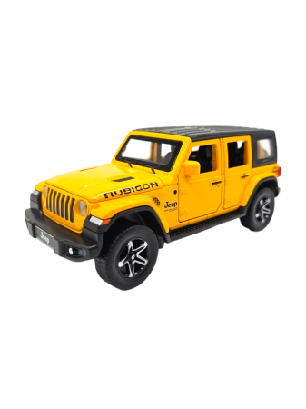 Masina metalica Jeep Rubicon, Sunete realistice, Farurile si stopurile lumineaza, Usile, capota si portbagajul se deschid, Baterii incluse, 15cm, Galben, Scara 1:32, Replica [7]