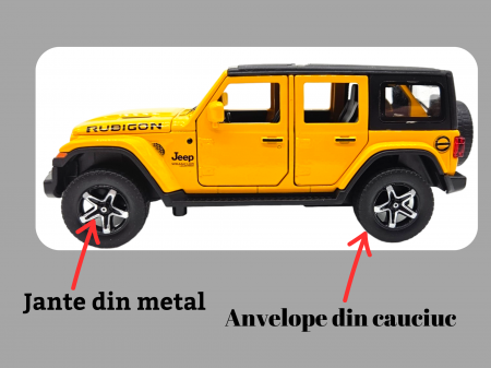 Masina metalica Jeep Rubicon, Sunete realistice, Farurile si stopurile lumineaza, Usile, capota si portbagajul se deschid, Baterii incluse, 15cm, Galben, Scara 1:32, Replica [4]