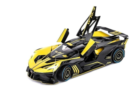 Masina metalica tip Bugatti Hypercar, Sunete realistice, Farurile si stopurile lumineaza, Usile si capota se deschid, Detalii futuriste, Baterii incluse, 21cm, Negru-Galben, Scara 1:24