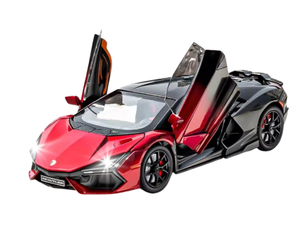 Masini metalice 21-25cm - Masina metalica tip Lamborghini Revuelto, Sunete realistice, Farurile si stopurile Lumineaza, Usile si Capota se deschid, Anvelope cauciuc, Baterii incluse, 21cm, Rosu, Scara 1:24