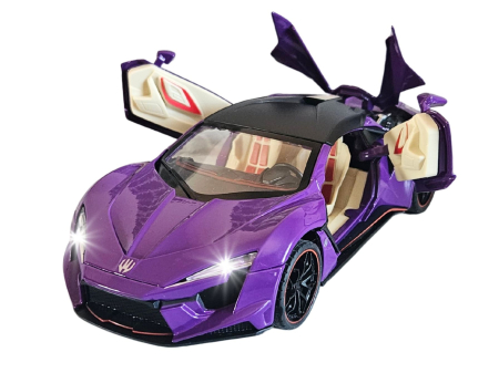 Masini metalice 21-25cm - Masina metalica tip Lykan Hypercar, Sunete realistice, Farurile si stopurile lumineaza, Usile si capota se deschid, Anvelope cauciuc, Claxon Functional Baterii incluse, 21cm, Mov, Scara 1:24