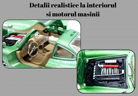 Masina metalica tip Mercedes-Benz 300 SL cu efecte de fum, Sunete si lumini, Capota portbagajul si cele 2 usi se deschid, Baterii incluse, 21 cm, Verde, Sacara1:24 [4]
