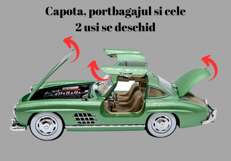 Masina metalica tip Mercedes-Benz 300 SL cu efecte de fum, Sunete si lumini, Capota portbagajul si cele 2 usi se deschid, Baterii incluse, 21 cm, Verde, Sacara1:24 [3]