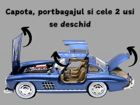 Masina metalica tip Mercedes-Benz 300 SL cu efecte de fum, Sunete si lumini, Capota portbagajul si cele 2 usi se deschid, Baterii incluse, 21 cm, Albastru, scara 1:24 [2]
