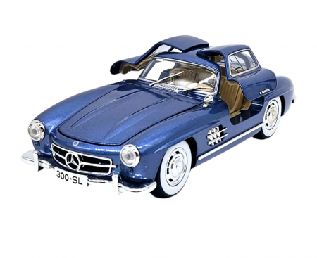 Masini metalice 21-25cm - Masina metalica tip Mercedes-Benz 300 SL cu efecte de fum, Sunete si lumini, Capota portbagajul si cele 2 usi se deschid, Baterii incluse, 21 cm, Albastru, scara 1:24