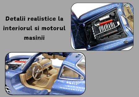 Masina metalica tip Mercedes-Benz 300 SL cu efecte de fum, Sunete si lumini, Capota portbagajul si cele 2 usi se deschid, Baterii incluse, 21 cm, Albastru, scara 1:24 [3]