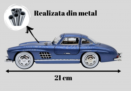 Masina metalica tip Mercedes-Benz 300 SL cu efecte de fum, Sunete si lumini, Capota portbagajul si cele 2 usi se deschid, Baterii incluse, 21 cm, Albastru, scara 1:24 [1]