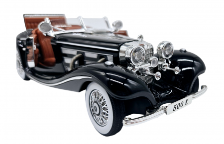 Masina metalica tip Mercedes-Benz 500K Special Roadster 1936, Sunete si lumini, Capota portbagajul si cele 2 usi se deschid, Baterii incluse, 22 cm, Negru, Scara 1:24 [14]