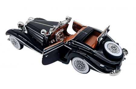 Masina metalica tip Mercedes-Benz 500K Special Roadster 1936, Sunete si lumini, Capota portbagajul si cele 2 usi se deschid, Baterii incluse, 22 cm, Negru, Scara 1:24 [9]