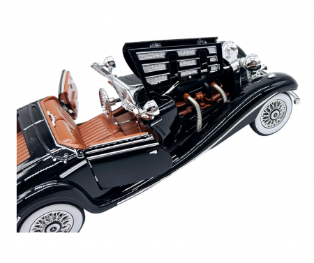 Masina metalica tip Mercedes-Benz 500K Special Roadster 1936, Sunete si lumini, Capota portbagajul si cele 2 usi se deschid, Baterii incluse, 22 cm, Negru, Scara 1:24 [12]