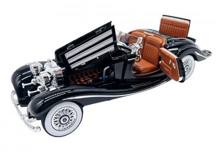 Masina metalica tip Mercedes-Benz 500K Special Roadster 1936, Sunete si lumini, Capota portbagajul si cele 2 usi se deschid, Baterii incluse, 22 cm, Negru, Scara 1:24 [11]