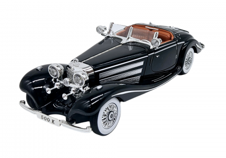 Masini metalice 21-25cm - Masina metalica tip Mercedes-Benz 500K Special Roadster 1936, Sunete si lumini, Capota portbagajul si cele 2 usi se deschid, Baterii incluse, 22 cm, Negru, Scara 1:24