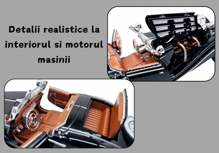 Masina metalica tip Mercedes-Benz 500K Special Roadster 1936, Sunete si lumini, Capota portbagajul si cele 2 usi se deschid, Baterii incluse, 22 cm, Negru, Scara 1:24 [1]