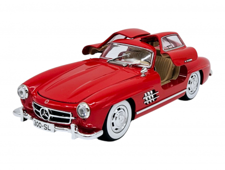 Masini metalice 21-25cm - Masina metalica tip Mercedes-Benz 300 SL cu efecte de fum, Sunete si lumini, Capota portbagajul si cele 2 usi se deschid, Baterii incluse, 21 cm, Rosu,Scara 1:24