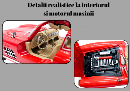 Masina metalica tip Mercedes-Benz 300 SL cu efecte de fum, Sunete si lumini, Capota portbagajul si cele 2 usi se deschid, Baterii incluse, 21 cm, Rosu,Scara 1:24 [4]