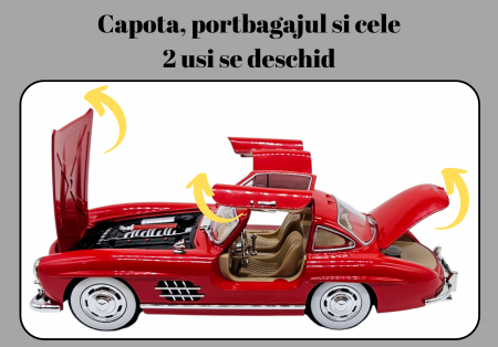 Masina metalica tip Mercedes-Benz 300 SL cu efecte de fum, Sunete si lumini, Capota portbagajul si cele 2 usi se deschid, Baterii incluse, 21 cm, Rosu,Scara 1:24 [3]