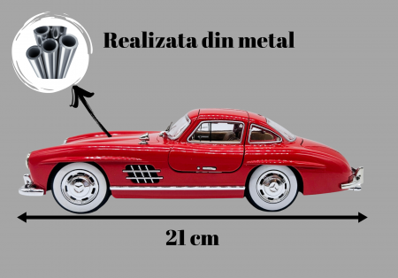 Masina metalica tip Mercedes-Benz 300 SL cu efecte de fum, Sunete si lumini, Capota portbagajul si cele 2 usi se deschid, Baterii incluse, 21 cm, Rosu,Scara 1:24 [1]