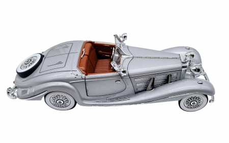 Masina metalica tip Mercedes-Benz 500K Special Roadster 1936 cu efecte de fum, Sunete si lumini, Capota portbagajul si cele 2 usi se deschid, Baterii incluse, 22 cm, Gri, Scara 1:24 [9]