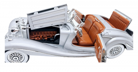 Masina metalica tip Mercedes-Benz 500K Special Roadster 1936 cu efecte de fum, Sunete si lumini, Capota portbagajul si cele 2 usi se deschid, Baterii incluse, 22 cm, Gri, Scara 1:24 [13]