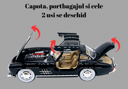 Masina metalica tip Mercedes-Benz 300 SL cu efecte de fum, Sunete si lumini, Capota portbagajul si cele 2 usi se deschid, Baterii incluse, 21 cm, Negru, scara 1:24 [3]