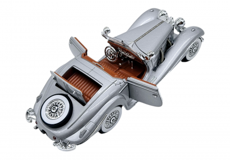 Masina metalica tip Mercedes-Benz 500K Special Roadster 1936 cu efecte de fum, Sunete si lumini, Capota portbagajul si cele 2 usi se deschid, Baterii incluse, 22 cm, Gri, Scara 1:24 [15]
