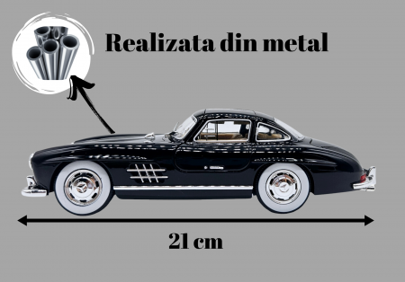 Masina metalica tip Mercedes-Benz 300 SL cu efecte de fum, Sunete si lumini, Capota portbagajul si cele 2 usi se deschid, Baterii incluse, 21 cm, Negru, scara 1:24 [1]