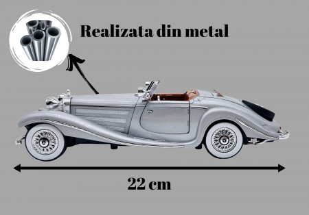 Masina metalica tip Mercedes-Benz 500K Special Roadster 1936 cu efecte de fum, Sunete si lumini, Capota portbagajul si cele 2 usi se deschid, Baterii incluse, 22 cm, Gri, Scara 1:24 [2]
