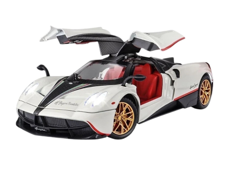 Masina metalica tip Pagany Huayra Hypercar, Sunete realistice, Farurile si stopurile lumineaza, Claxonul functioneaza, Usile si capota se deschid, Baterii incluse, 21cm, Alb, Scara 1:24