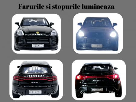 Masina metalica tip Porsche Macan, Sunete realistice, Farurile si stopurile lumineaza, Cele 4 usi, capota si portbagajul se deschid, Detalii realistice, Macheta metalica, 15cm, Negru, Scara 1:32 [3]