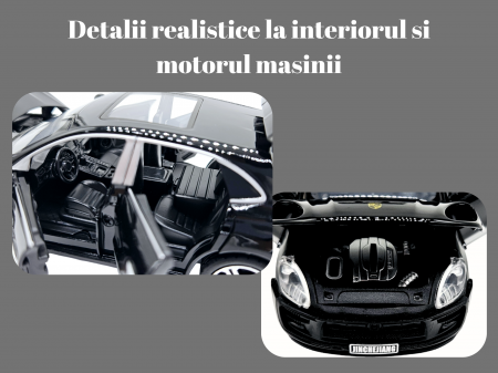 Masina metalica tip Porsche Macan, Sunete realistice, Farurile si stopurile lumineaza, Cele 4 usi, capota si portbagajul se deschid, Detalii realistice, Macheta metalica, 15cm, Negru, Scara 1:32 [2]