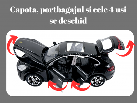 Masina metalica tip Porsche Macan, Sunete realistice, Farurile si stopurile lumineaza, Cele 4 usi, capota si portbagajul se deschid, Detalii realistice, Macheta metalica, 15cm, Negru, Scara 1:32 [1]