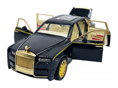 Masini metalice 21-25cm - Masina metalica tip Rolls Royce Limuzina editie Gold, 3 sunete realistice, Farurile si stopurile lumineaza, Usi mobile, Baterii incluse, 21cm, Negru, Scara 1:24