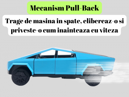 Masina metalica tip Tesla Cybertruck, 3 sunete realistice, Farurile si stopurile lumineaza, Usile, capota si portbagajul se deschid, baterii incluse, 16cm, Albastru [2]