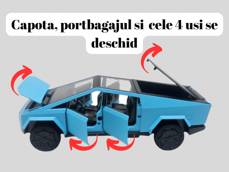 Masina metalica tip Tesla Cybertruck, 3 sunete realistice, Farurile si stopurile lumineaza, Usile, capota si portbagajul se deschid, baterii incluse, 16cm, Albastru [1]
