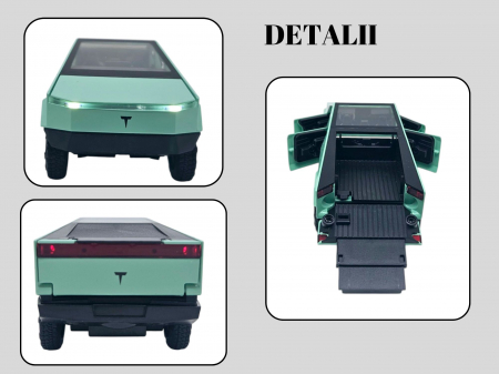 Masina Metalica tip Tesla Cybertruck, Sunete Realistice, Farurile si Stopurile lumineaza, Usile, capota si portbagajul se deschid, Baterii incluse, 18cm, Verde [4]