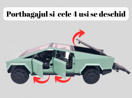 Masina Metalica tip Tesla Cybertruck, Sunete Realistice, Farurile si Stopurile lumineaza, Usile, capota si portbagajul se deschid, Baterii incluse, 18cm, Verde [1]