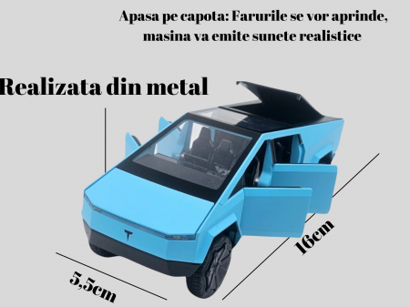 Masina metalica tip Tesla Cybertruck, 3 sunete realistice, Farurile si stopurile lumineaza, Usile, capota si portbagajul se deschid, baterii incluse, 16cm, Albastru [3]