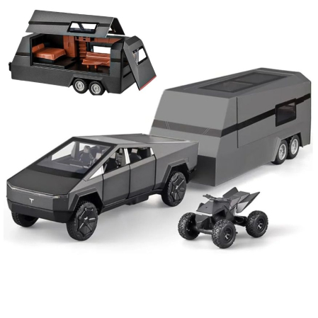 Masini metalice 21-25cm - Masina Metalica tip Tesla Cybertruck cu Rulota, ATV detasabil, Lumini si Sunete, Usi mobile, 28cm, Negru