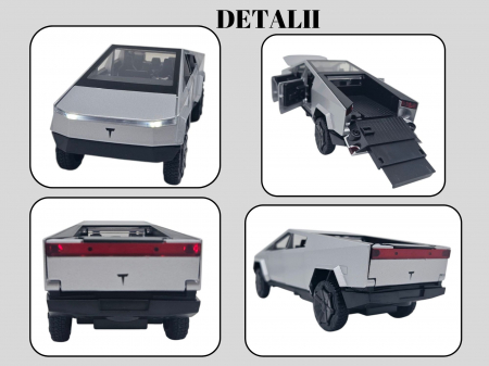 Masina metalica tip Tesla Cybertruck, 3 sunete realistice, Farurile si stopurile lumineaza, Usile, capota si portbagajul se deschid, baterii incluse, 18cm, Gri deschis [4]