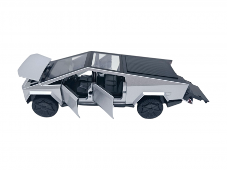 Masina metalica tip Tesla Cybertruck, 3 sunete realistice, Farurile si stopurile lumineaza, Usile, capota si portbagajul se deschid, baterii incluse, 18cm, Gri deschis [5]