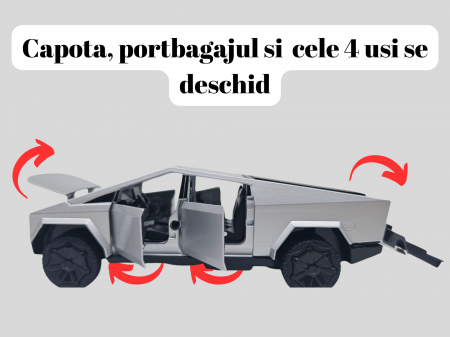 Masina metalica tip Tesla Cybertruck, 3 sunete realistice, Farurile si stopurile lumineaza, Usile, capota si portbagajul se deschid, baterii incluse, 18cm, Gri deschis [1]