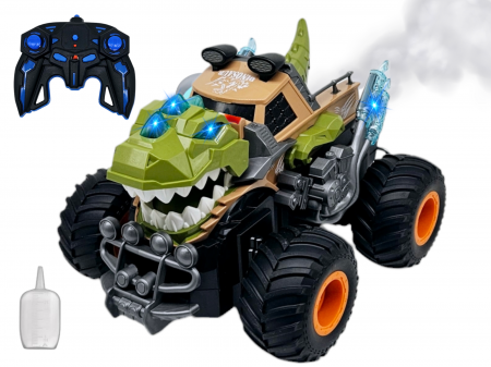 Jucarii interactive - Masina Monster Truck Dinozaur, cu Telecomanda, Efecte Fum, Sunete si lumini, Miscari Sincronizate, Baterii Incluse, 26cm, Verde, ERGINO®