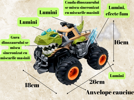 Masina Monster Truck Dinozaur, cu Telecomanda, Efecte Fum, Sunete si lumini, Miscari Sincronizate, Baterii Incluse, 26cm, Verde, ERGINO® [1]